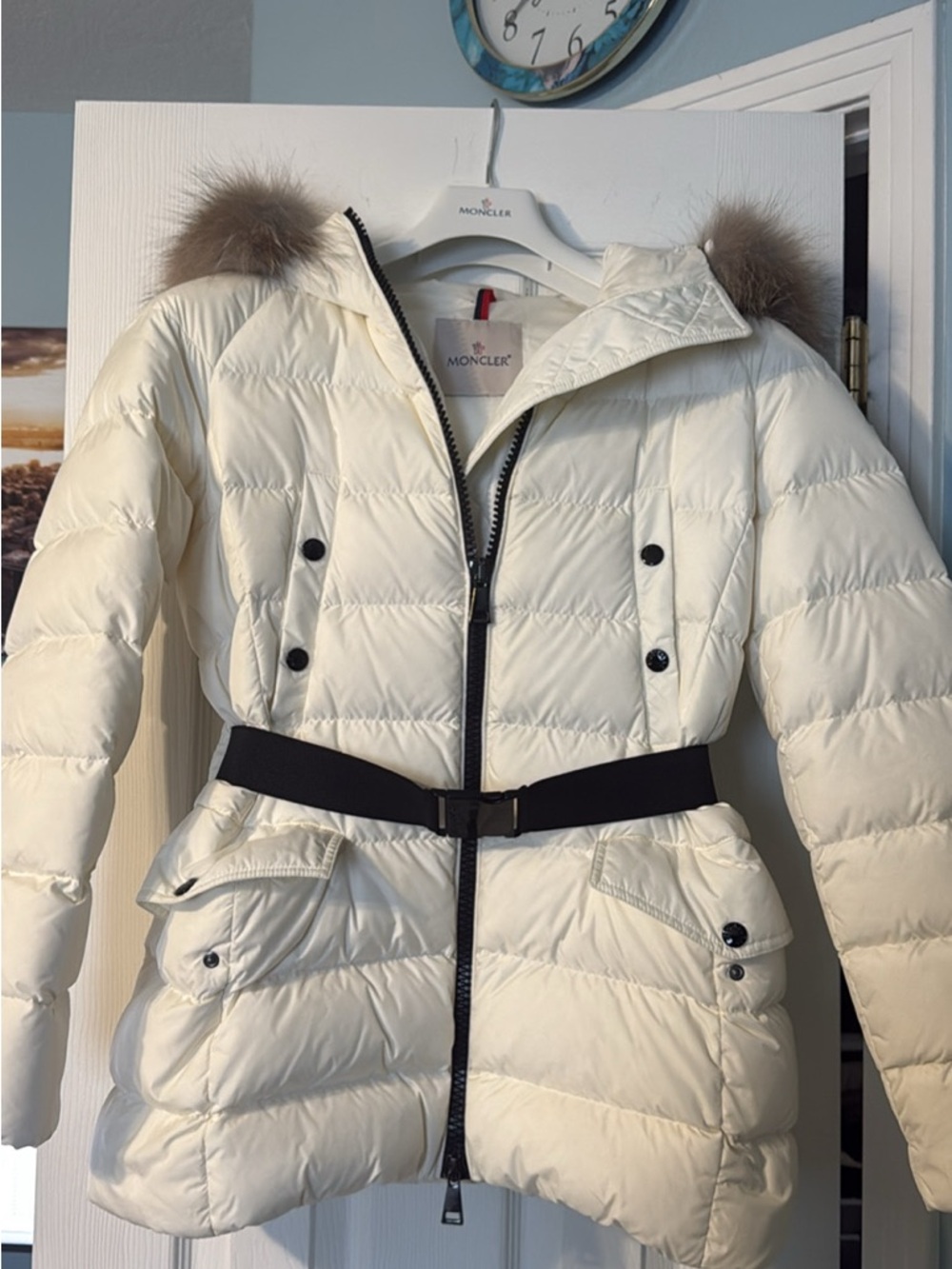 Moncler Ivory Quilted Down Puffer Jacket with Fur-Trim Hood